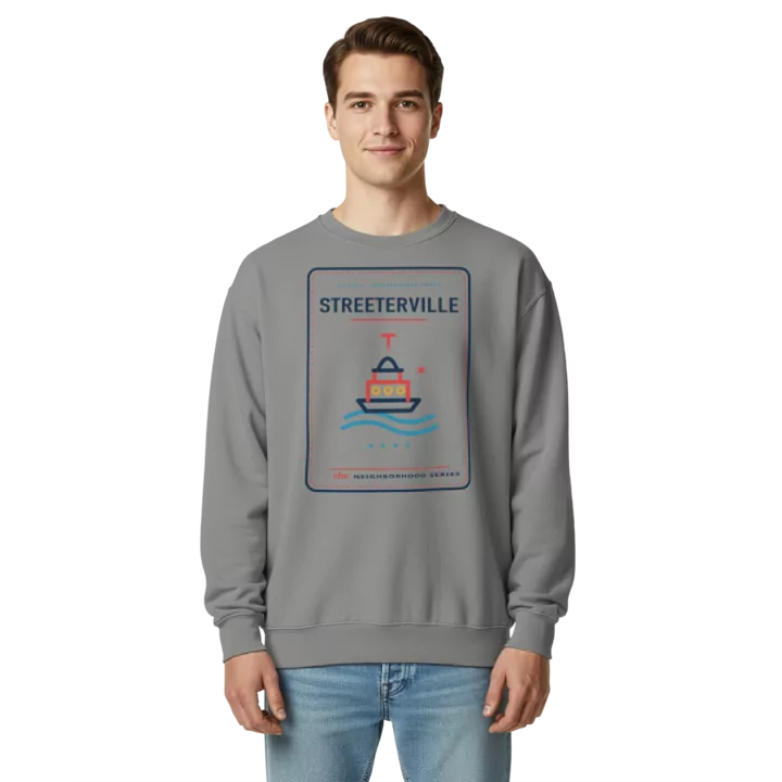 Streeterville garment-dyed crewneck in Grey, front view - Chicago Neighborhood Series