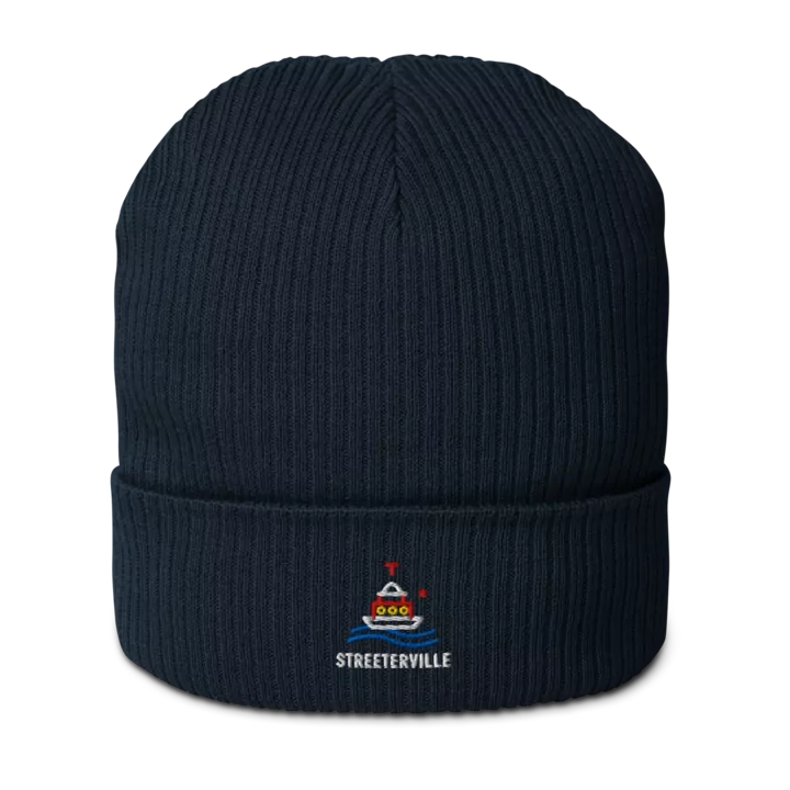 Streeterville organic ribbed beanie in Oxford Navy, front view - Chicago Neighborhood Series