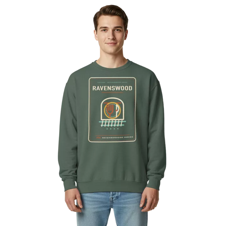 Ravenswood garment-dyed crewneck in Blue Spruce, front view - Chicago Neighborhood Series