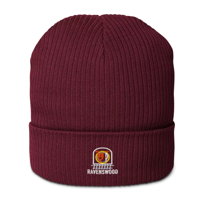 Ravenswood organic ribbed beanie in Burgundy, front view - Chicago Neighborhood Series