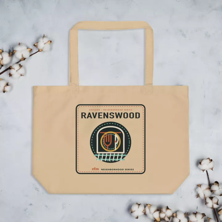 Ravenswood large organic market tote in Oyster, front view - Chicago Neighborhood Series