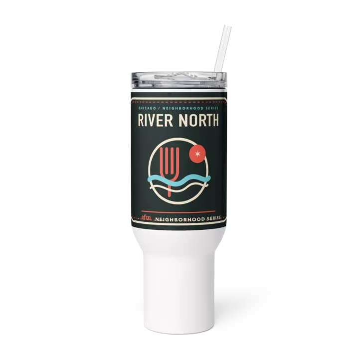 River North 40 oz travel mug in White, product view - Chicago Neighborhood Series