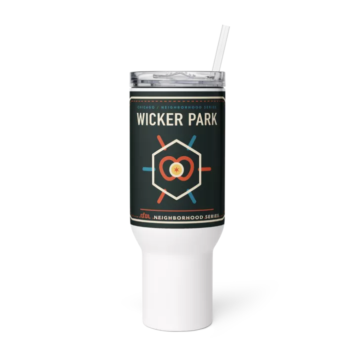 Wicker Park 40 oz travel mug in White, product view - Chicago Neighborhood Series