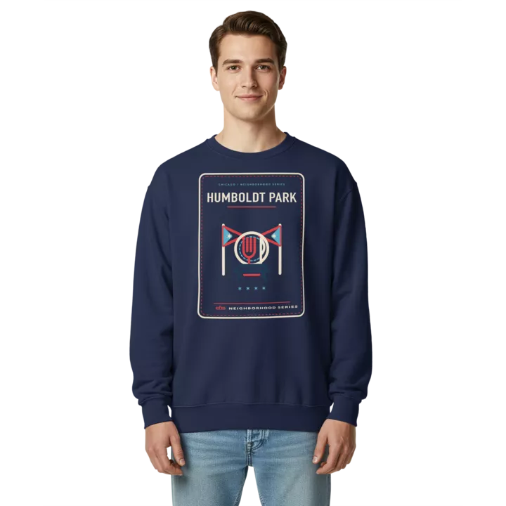 Humboldt Park garment-dyed crewneck in True Navy, front view - Chicago Neighborhood Series