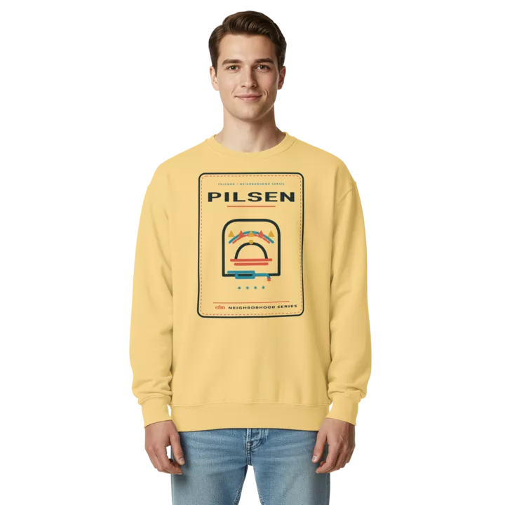 Pilsen garment-dyed crewneck in Butter, front view - Chicago Neighborhood Series