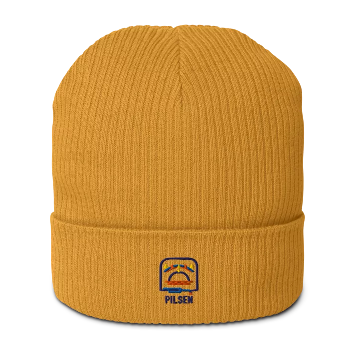 Pilsen organic ribbed beanie in Mustard Yellow, front view - Chicago Neighborhood Series
