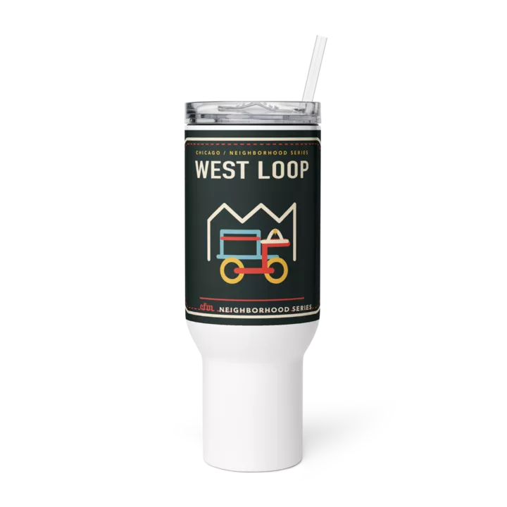 West Loop 40 oz travel mug in White, product view - Chicago Neighborhood Series