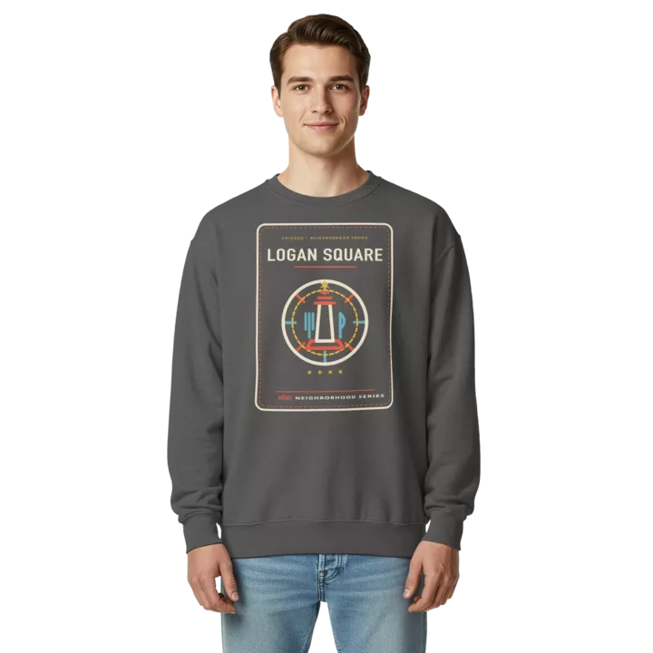 Logan Square garment-dyed crewneck in Pepper, front view - Chicago Neighborhood Series