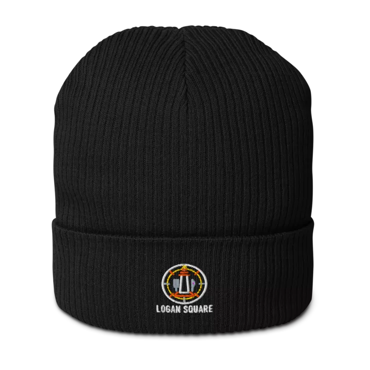 Logan Square organic ribbed beanie in Black, front view - Chicago Neighborhood Series