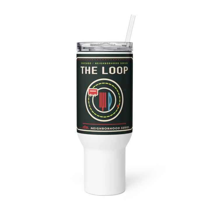 The Loop 40 oz travel mug in White, product view - Chicago Neighborhood Series