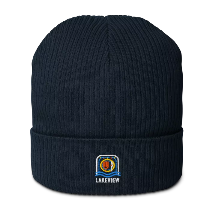 Lakeview organic ribbed beanie in Oxford Navy, front view - Chicago Neighborhood Series