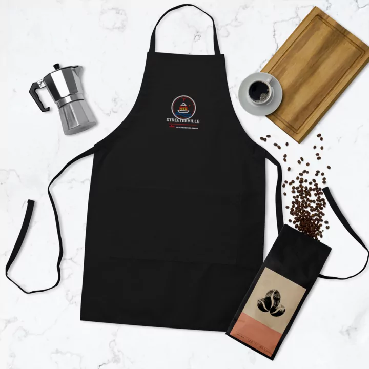 Streeterville embroidered chef apron in Black, front view - Chicago Neighborhood Series