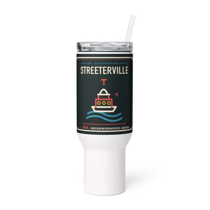 Streeterville 40 oz travel mug in White, product view - Chicago Neighborhood Series