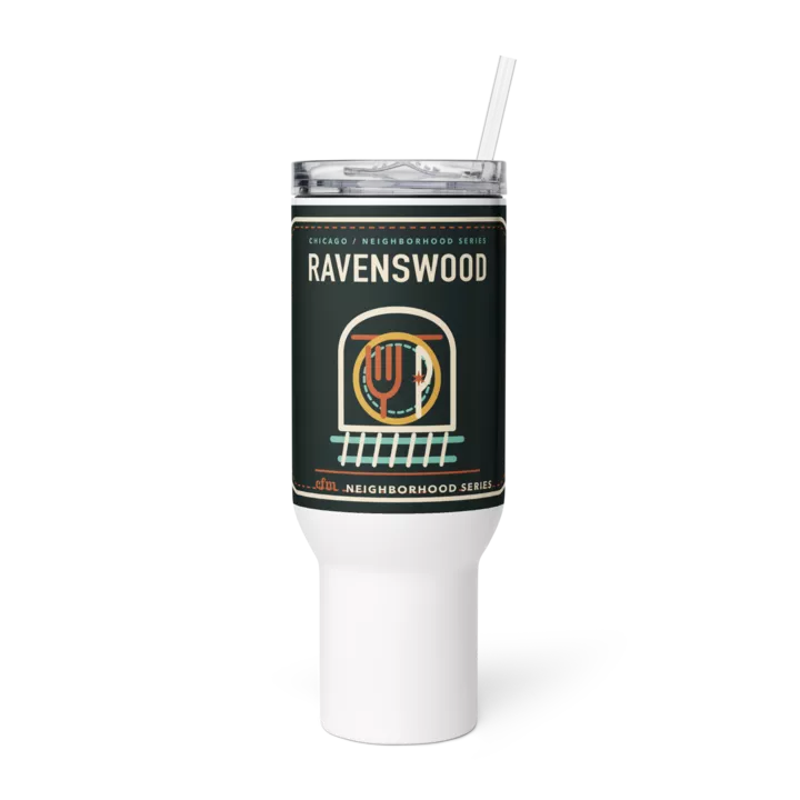 Ravenswood 40 oz travel mug in White, product view - Chicago Neighborhood Series
