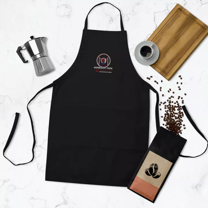 Humboldt Park embroidered chef apron in Black, front view - Chicago Neighborhood Series