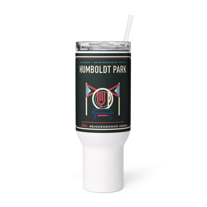 Humboldt Park 40 oz travel mug in White, product view - Chicago Neighborhood Series